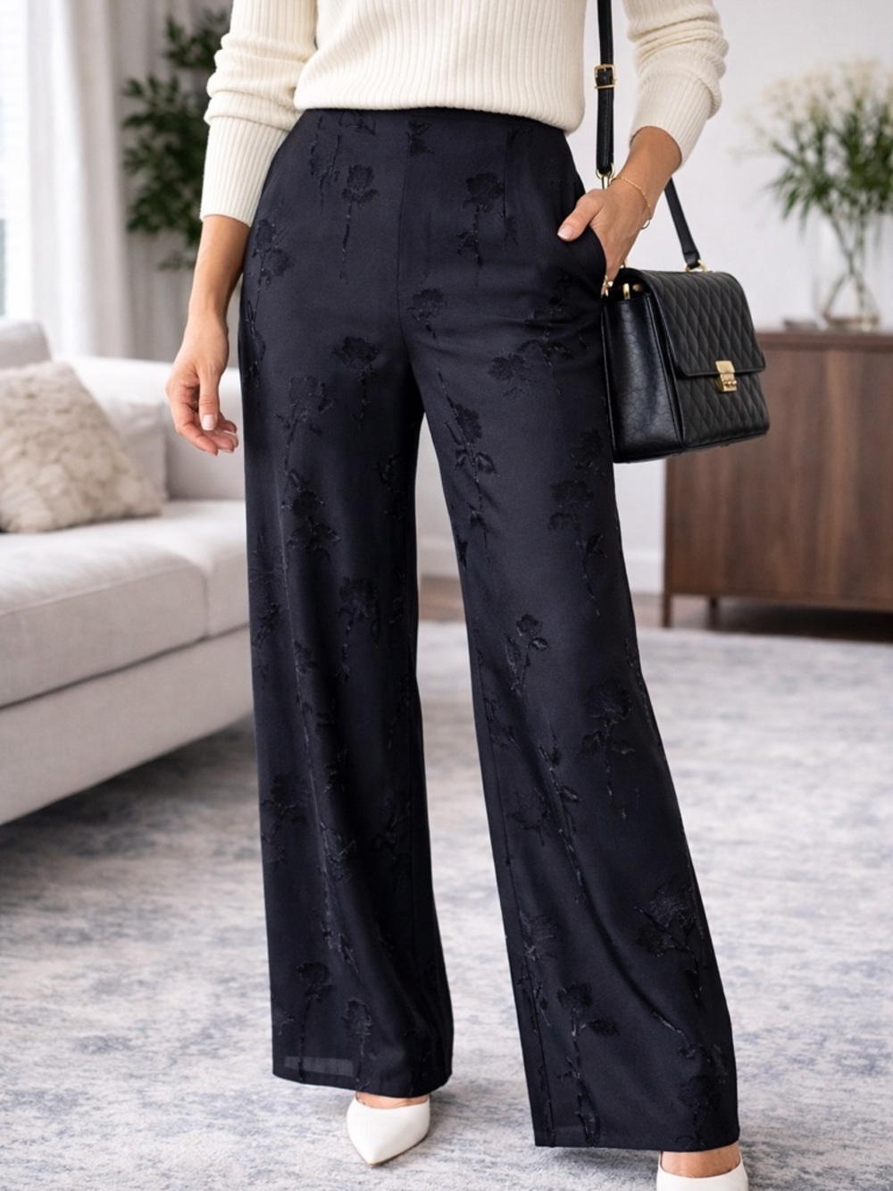 Lafayette 148 Black Silk Burnout Floral Wide Leg Lined Pants Size 8